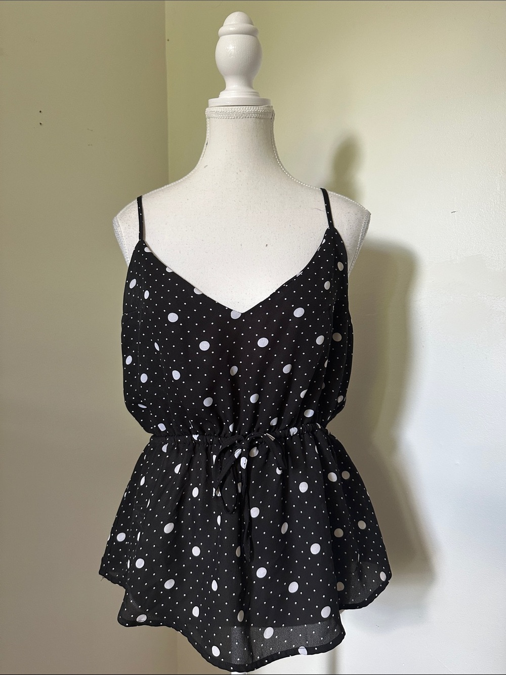 STREETWEAR SOCIETY Black Polka Dot Retro Y2K Cinched Faux Wrap Tank Top Large